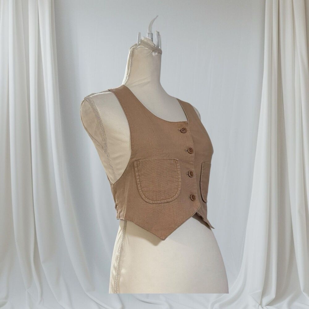 Cropped Waistcoat‎ Vest Womens Size 11 Tan Excellent Button Front Tie Back - Picture 4 of 6